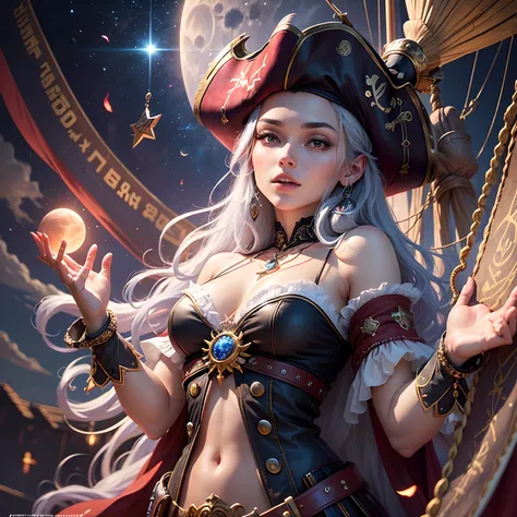 high quality, super realistic, pirate hat, a 20-year-old Pirate Maiden with a celestial beauty rivaling the stars, Picture her poised at the helm of a grand pirate ship, her silhouette defined against the shimmering night sky of a crimson moon, The vessel ...