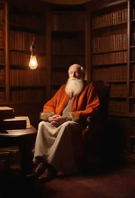 A wise long white old man sitting in front, illuminated by the light of a lamp, contra o pano de fundo de uma biblioteca