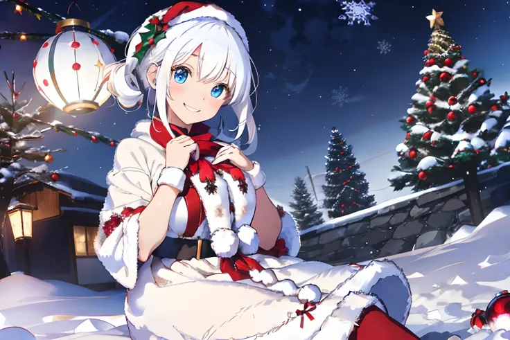 Christmas,Snowy landscape in winter,beautiful ilumination,Santa Claus in a voluminous luxurious dress,white  hair,Blue eyes,There are a lot of ornaments and gifts around,Happy smile,