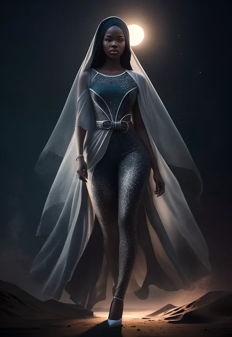 Aerial view angle shot of an AFRICAN woman dressed in african designed clothes, white spotlight shining on her, walks on a very dark path in between human shadows, human shadows trying to grab her but fail to reach her, surrealism art, fantasy art, red and...