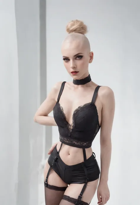 Beautiful shaved head woman in suspender lingerie posing for photo in front of white architectural background, black makeup, Technical aesthetics, a sexy pose, Ultra detailed, Photorealistic, Masterpiece.