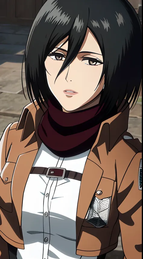 1girl, mikasa ackerman, (black hair:1.3), hair between eyes, short hair, sideburns, gray eyes, maroon scarf, brown jacket, lips,...