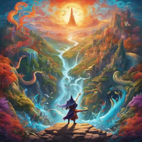 (best quality,highres:1.2),ultra-detailed,realistic,photorealistic:1.37,wizard surfing upon a serpent dragon,illustration,fantasy,spellbinding landscape,colorful palette,enchanted atmosphere,mystical lighting,flowing robes,magic staff,wind-swept hair,majes...