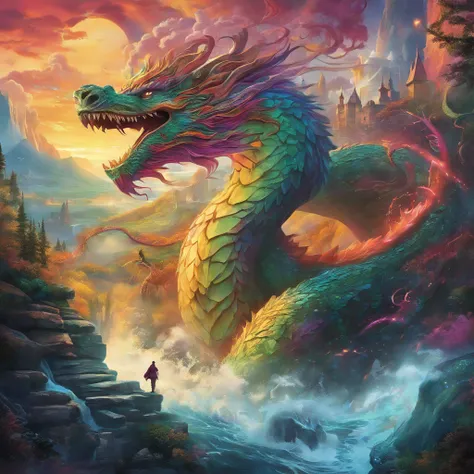 (best quality,highres:1.2),ultra-detailed,realistic,photorealistic:1.37,wizard surfing upon a serpent dragon,illustration,fantasy,spellbinding landscape,colorful palette,enchanted atmosphere,mystical lighting,flowing robes,magic staff,wind-swept hair,majes...