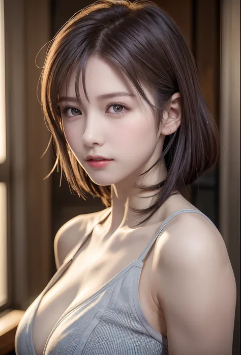 (8K, Photorealistic, Raw photo, of the highest quality: 1.3), (1girl in), Super beautiful, (Realistic face), (boyish, Silver Color Berry Shorthair), Beautiful , Glare that captivates the viewer, Beautiful expression, Beautiful breasts, (Realistic skin), Be...