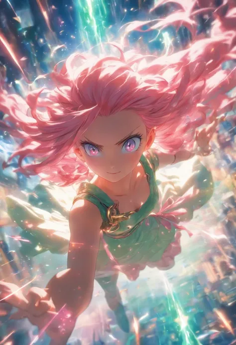 foreshortening,  Depth of field, Master Part, Best Quality, 1girl, pink hair, bluish-green eyes,  mid length hair, floating,Pink Rays, Odin, looking a viewer,Pink Dress, flying,  Dim sunlight,