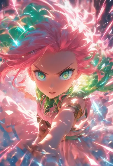 foreshortening,  Depth of field, Master Part, Best Quality, 1girl, pink hair, bluish-green eyes,  mid length hair, floating,Pink Rays, Odin, looking a viewer,Pink Dress, flying,  Dim sunlight,