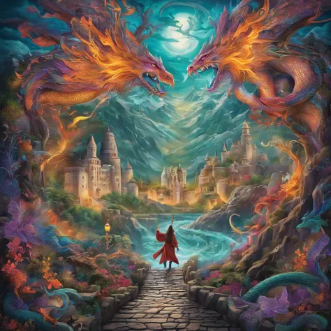 (best quality,highres:1.2),ultra-detailed,realistic,photorealistic:1.37,wizard surfing upon a serpent dragon,illustration,fantasy,spellbinding landscape,colorful palette,enchanted atmosphere,mystical lighting,flowing robes,magic staff,wind-swept hair,majes...