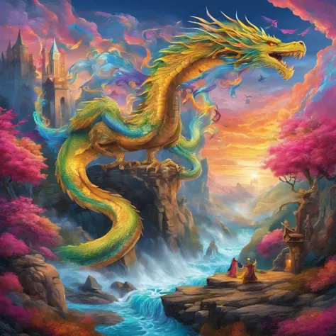 (best quality,highres:1.2),ultra-detailed,realistic,photorealistic:1.37,wizard surfing upon a serpent dragon,illustration,fantasy,spellbinding landscape,colorful palette,enchanted atmosphere,mystical lighting,flowing robes,magic staff,wind-swept hair,majes...