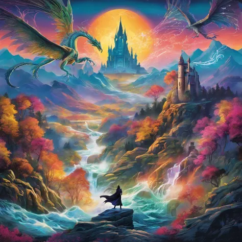 (best quality,highres:1.2),ultra-detailed,realistic,photorealistic:1.37,wizard surfing upon a serpent dragon,illustration,fantasy,spellbinding landscape,colorful palette,enchanted atmosphere,mystical lighting,flowing robes,magic staff,wind-swept hair,majes...