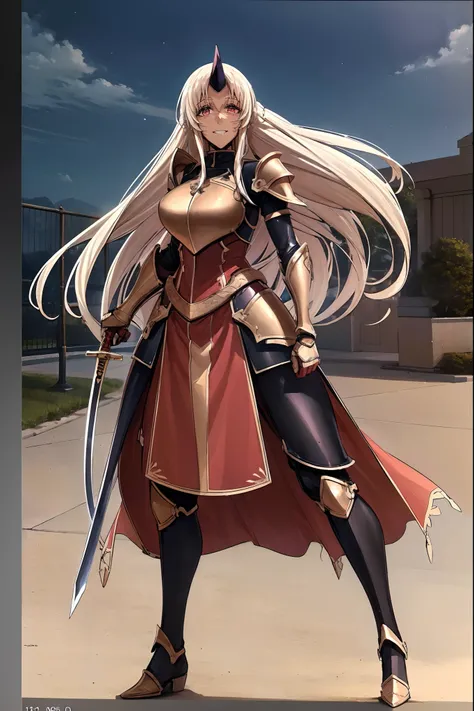 (best quality,4k,8k,highres,masterpiece:1.2),ultra-detailed,(1.37),single horn,very long hair,tall female,red eyes,dark skinned female,standing,armor,boots,sword holding,joyful,big smile,full armor,illustration,portrait,rich colors,warm tones,soft lighting...