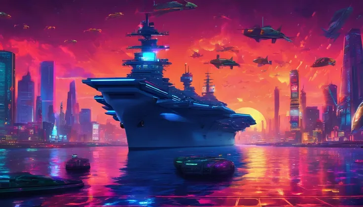 In the vast sea，An aircraft carrier sails underwater，Surrounded by a lot of fish。