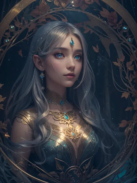 As the mist settles over the swamp, a holographic gold and filigree silver portrait emerges, perfectly shaped and polished to perfection. An full body shot of an Elfgirl wearing a subtle autumn multi-color skirt shaped like a mushroom, on her head she wear...