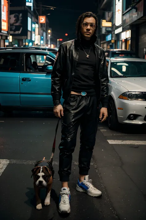 uma foto, no estilo cyberpunk , de um cachorro boxer passeando na cidade com carros ao fundo