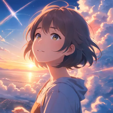 masterpiece, best quality, movie still, 1girl, cloud girl, floating in the sky, close-up, bright, happy, warm soft lighting, sunset, (sparks:0.7)