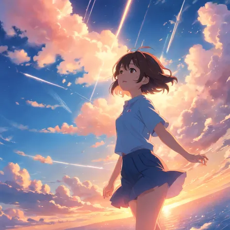 masterpiece, best quality, movie still, 1girl, cloud girl, floating in the sky, close-up, bright, happy, warm soft lighting, sunset, (sparks:0.7)