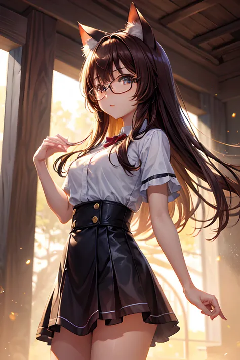 of the highest quality, High resolution, The perfect human structure, Background Focus, Front view, Glowing hair, Cat ears, Brown hair, bobhair, Glasses, Gradient Eyes, swept bangs,