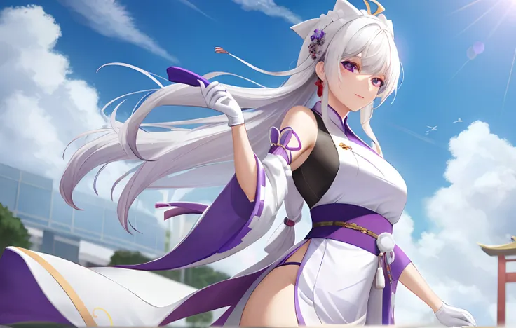 A woman，White hair，Wearing purple Hanfu，wearing gloves