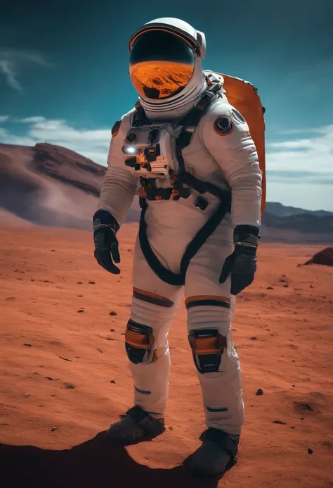 Adventurous male character in advanced space exploration suit, Explore an unknown planet