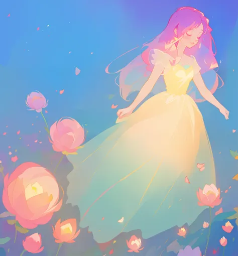 beautiful girl in puffy gradient ballgown, a field with round puffball pink flowers, otherworldly flowers, whimsical landscape, long pink flowing hair, watercolor illustration, inspired by Glen Keane, inspired by Lois van Baarle, disney art style, by Lois ...