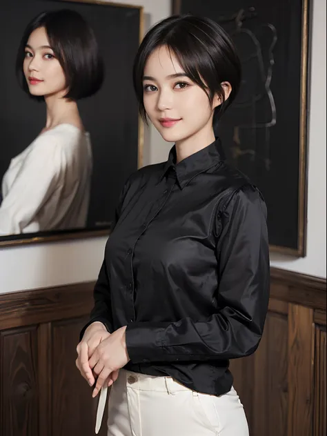 87
(a 20 yo woman,is standing), (A hyper-realistic), (Masterpiece), ((short-hair:1.46)), (Smooth black hair), (breast:1.0), (kindly smile), Wearing long pants, (Wearing a long-sleeved shirt), (Beautiful skin:1.5), (Big paintings)