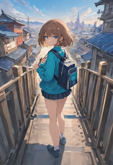 masterpiece, best quality, nsfw, ideal ratio body proportions, perfect anatomy,
(realistic:0.5), 1girl, architecture, backpack, bag, bangs, blue eyes, blue sky, bridge, brown hair, building, car, castle, chain-link fence, city, cityscape, clock, clock towe...