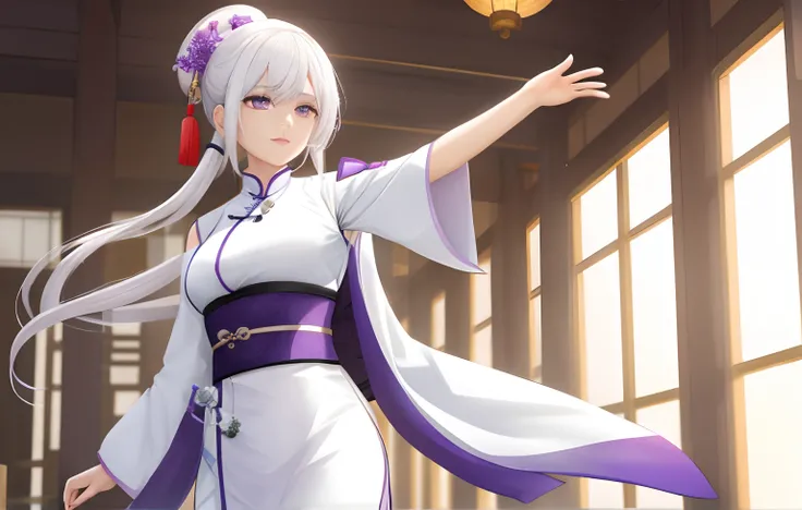 A woman，White hair，Wear purple Hanfu，Wearing gloves