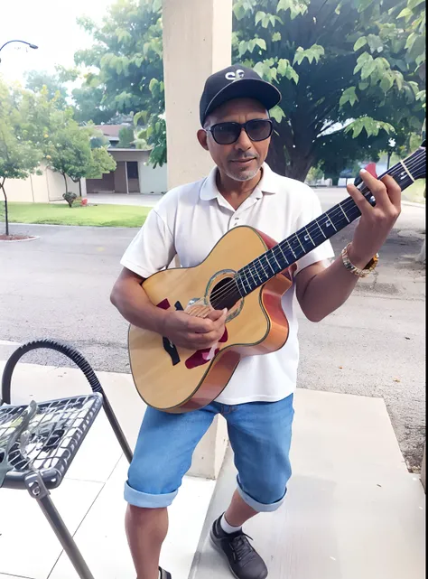 there is a man holding a guitar on a porch, man playing guitar, playing the guitar, he is about 60 years old, he is about 6 0 years old, playing a guitar, the guitar player, playing guitar, jamming to music, guitar, album photo, guitar solo, he is about 5 ...