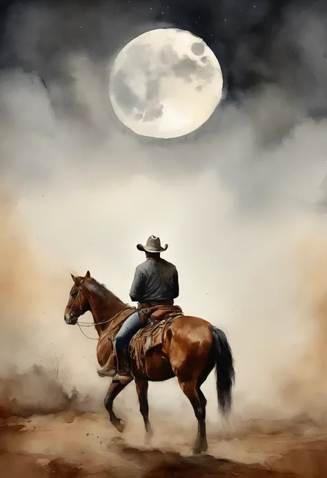 There is a man on a horse in front of a full moon, Andar a cavalo na lua, vaqueiro, Cowboy na Faixa, Back photo of a cowboy, No Velho Oeste, O Cowboy no Estranho Oeste, Velho Oeste, Lone guard, sonho de vaqueiro, quadrinhos ocidentais inspirados, lonely ri...