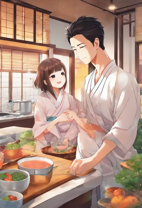 top-quality　​masterpiece　Intimate scene of Japan couple in cozy kitchen, Where a woman is cooking, And the man hugs the woman from behind with gratitude.