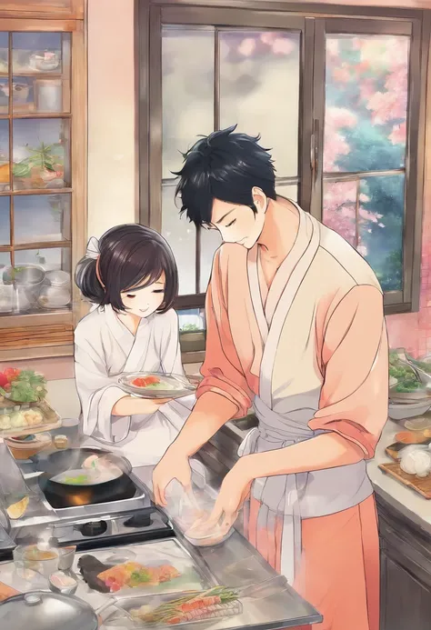 top-quality　​masterpiece　Intimate scene of Japan couple in cozy kitchen, Where a woman is cooking, And the man hugs the woman from behind with gratitude.