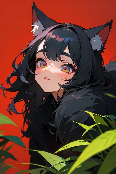 (hight resolution,Masterpiece:1.2),Vivid colors,beautiful detail eyes,beautiful detailed lips,long eyelashes,black coat,fluffy fur,cute expression,Feline Grace,Lets move on to the camera,on a red background,Greenery and plants on stage, looking up at the c...