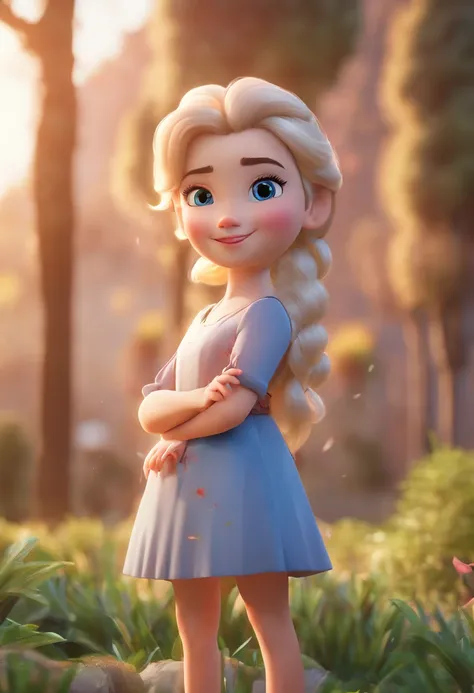 best quality, masterpiece, photorealistic, extremely detailed CG unity 8k wallpaper, chibi,1girl, elsa,solo, full_body, smile, looking_at_viewer, outdoors,