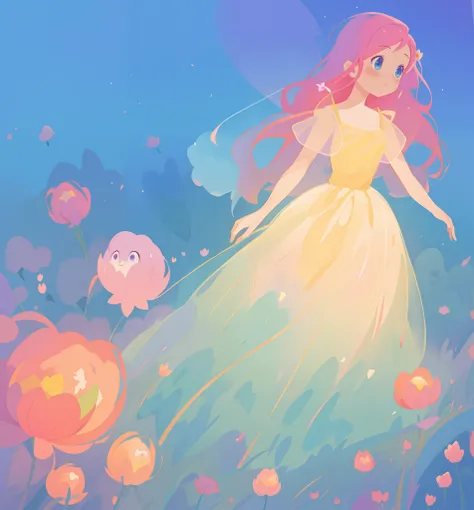 beautiful girl in puffy gradient ballgown, a field with round puffball pink flowers, otherworldly flowers, whimsical landscape, long pink flowing hair, watercolor illustration, inspired by Glen Keane, inspired by Lois van Baarle, disney art style, by Lois ...