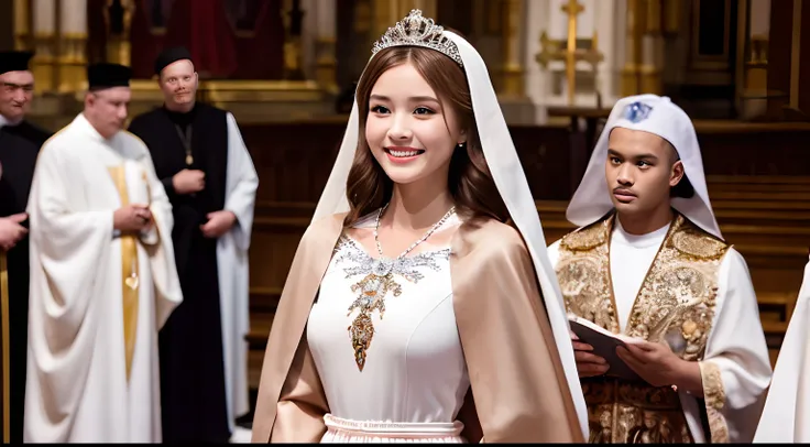 Young beautiful woman, huge-breasted, light brown hair, Lips, Princess,fullbody image,robe blanche，tiara studded with gemstones，coronation ceremony，inside a church,fullbody image,Applause of the nuns，Everyone smiles,