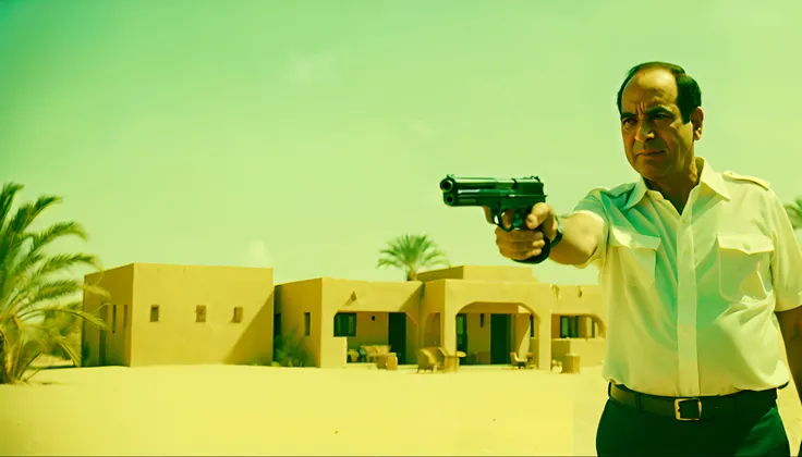 a guy pointing a gun to president sisi in a desert resort, screengrab, low angle, heavy grain, analog, surreal cinema, filmstill