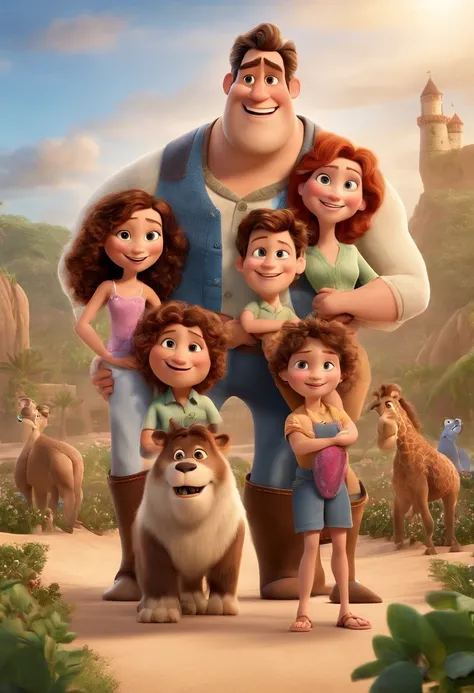 a Disney Pixar movie poster showing a white-skinned family. The father is the tallest, Tem barba curta, loiro, cabelos curtos e espinhosos. The mother has brown eyes and hair, shoulder-length and is slightly overweight. A menina tem 4 anos e cabelos castan...