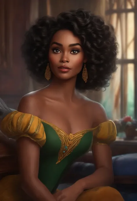 Uma mulher negra de cabelo curto ondulado, olhos castanhos, piercing no nariz e sombracelha em um fundo de quarto estilo Disney pixar bom e em alta qualidade com alta qualidade.