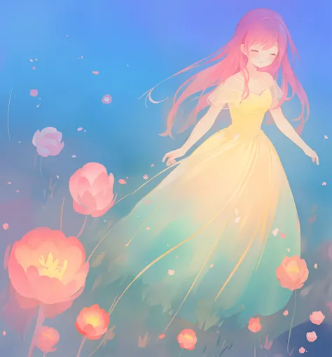 beautiful girl in puffy gradient ballgown, a field with round puffball pink flowers, otherworldly flowers, whimsical landscape, long pink flowing hair, watercolor illustration, inspired by Glen Keane, inspired by Lois van Baarle, disney art style, by Lois ...