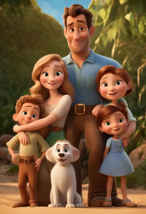 a Disney Pixar movie poster showing a white-skinned family. The father is the tallest, Tem barba curta, loiro, cabelos curtos e espinhosos. Mom has blond eyes and hair, na altura dos ombros o menino tem 20 anos e cabelos castanhos, roupa azul e cabelos cas...