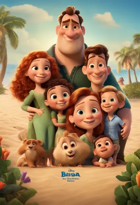 a Disney Pixar movie poster showing a white-skinned family. The father is the tallest, Tem barba curta, loiro, cabelos curtos e espinhosos. Mom has blond eyes and hair, na altura dos ombros o menino tem 20 anos e cabelos castanhos, roupa azul e cabelos cas...