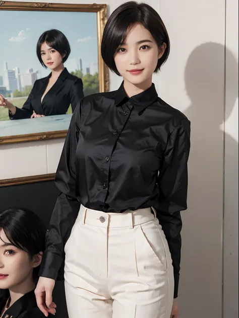 87
(a 20 yo woman,is standing), (A hyper-realistic), (Masterpiece), ((short-hair:1.46)), (Smooth black hair), (breast:1.0), (kindly smile), Wearing long pants, (Wearing a long-sleeved shirt), (Beautiful skin:1.5), (Big paintings)