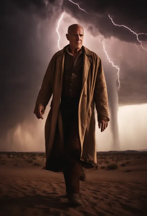 Biblical times, old, frail, skinny, head shaven, half naked man with ulcers on skin, ragged garments,  standing in the middle of the dessert glazing up to a powerful swirling tornado on the sky filled with heavy lightning