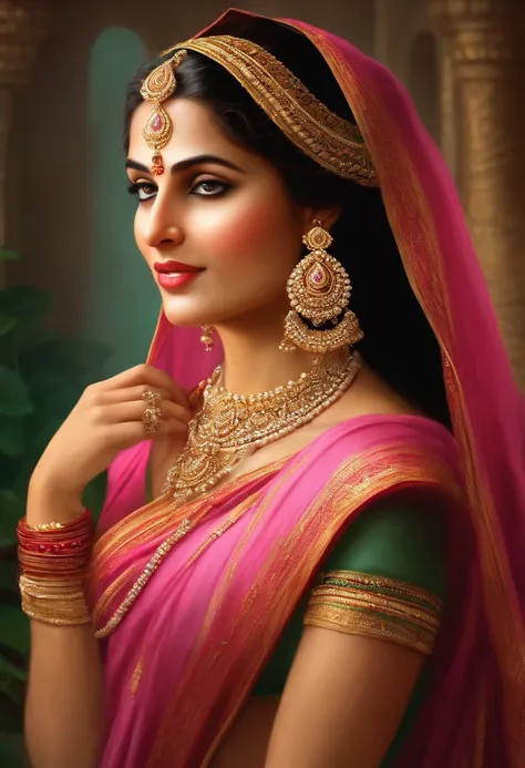 a painting of a woman in a pink sari with gold jewelry, indian goddess of wealth, indian goddess, a stunning portrait of a goddess, portrait of a beautiful goddess, 3 d goddess radha portrait, portrait painting of radha rani, beautiful character painting, ...