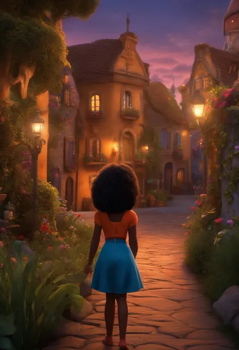 Um filme inspirado na Disney Pixar (MENINA NEGRA JOVEM COM CABELO LONGO CACHEADO PRETO) dentro A cena estar na arte distinta do estilo PIXAR, descolada e estilosa