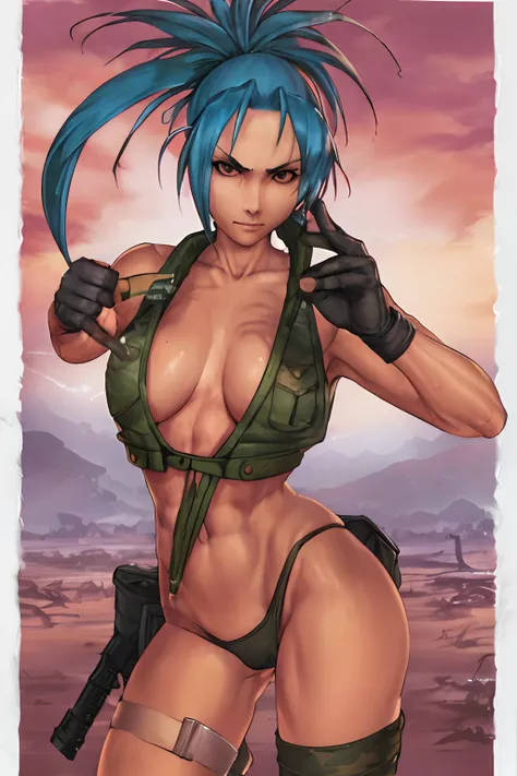 Vest and panty, naked, serious, sexy pose, military, desert. Cammo, Sun, hot, guerrilla, tropical, wetting, leona from the king of fighters.