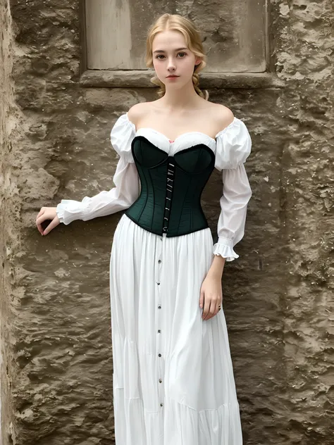 Curly haired, blonde mideival, historical teenager wearing kind of unclean green corset and white dress less pretty