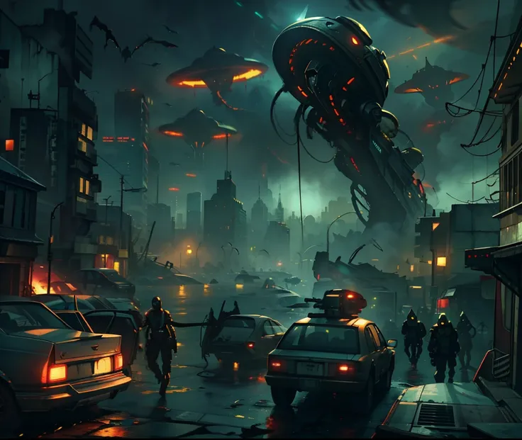 "Creepy scene of intense alien invasion，The atmosphere is dark, Dramatic lighting, and drastic action. Demonstrate powerful alien creatures, Advanced technology, ruined cityscapes, Panicked civilians, and a sense of imminent danger. Generate disturbingly i...