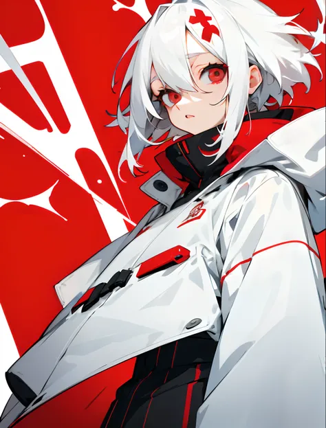 White hair，Short，Woman，2D beautiful girl，parka，red and white background，Eyes are blue，Anime style