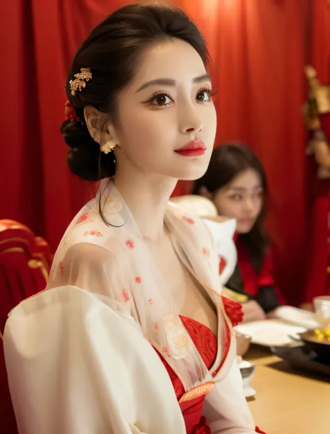 araffe woman in red dress sitting at a table with a cake, dilraba dilmurat, beautiful south korean woman, dang my linh, sha xi, ruan jia beautiful!, inspired by Huang Ji, queen of the sea mu yanling, wearing red dress, wearing a red cheongsam, hwang se - o...